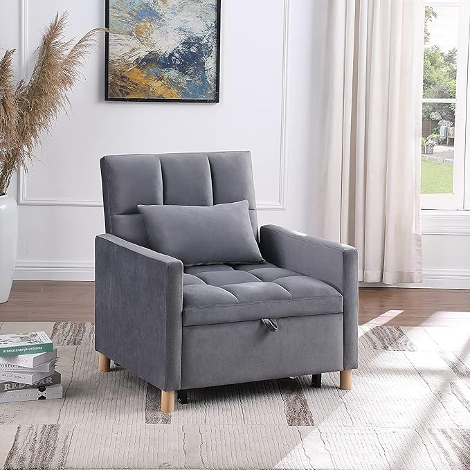 Convertible Sleeper Sofa Chair Bed3-in-1 Sleeper Chair Bed with PillowPull Out Single Armchair Sofa Bed with Adjustable Backrest Multi-Functiona Lounge Chair for Living Room (Gray)