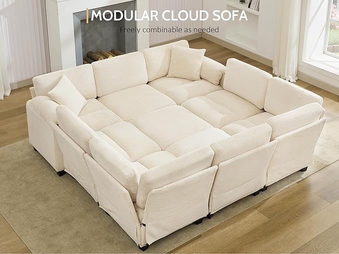DRMBOOK 88'' U Shaped Modular Sectional Cloud Couch Comfy Corduroy 4 Seater Sofa with Curved Armrest Modern Deep Seat Modular Sofa for Living Room (Cream Beige 3 Seat+1 Corner+1 Ottoman)