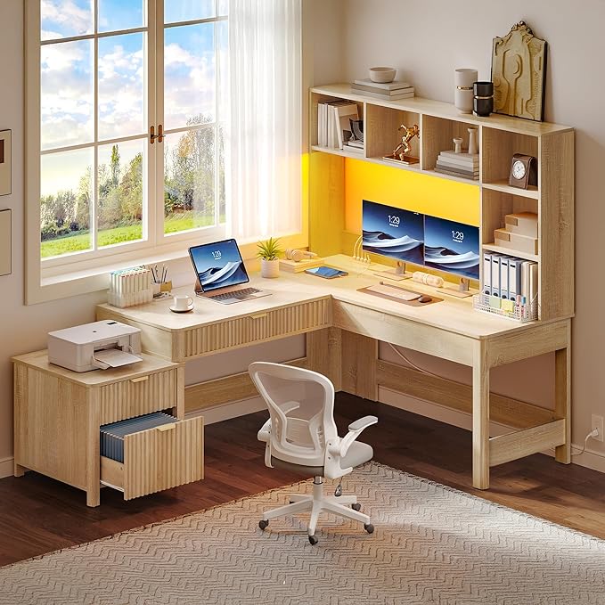 YITAHOME L Shaped Desk with Hutch and Drawers 67 Computer Desk Gaming Desk with Power Outlets &amp LED Lights Wood Home Office Desk with Printer Stand Fluted Sturdy Writing Workstation Natural O
