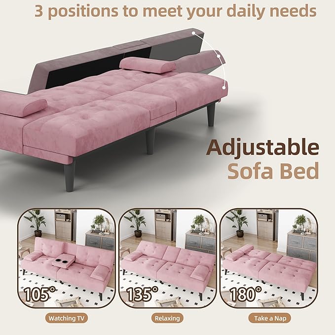 JAMFLY Futon Sofa Bed 64 Small Futon Couch with Adjustable Backrest 3-Angle Recliner Detachable Armrests with Cup Holders for Small Spaces Living Room Office Apartment Study Room (Pink)