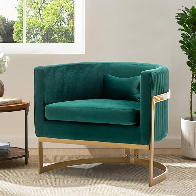 Alunaune Modern Living Room Chair Velvet Barrel Accent Chairs Armchair Upholstered Lounge Chair Mid Century Tub Bucket Club Side Chair Sofa for Bedroom-Green
