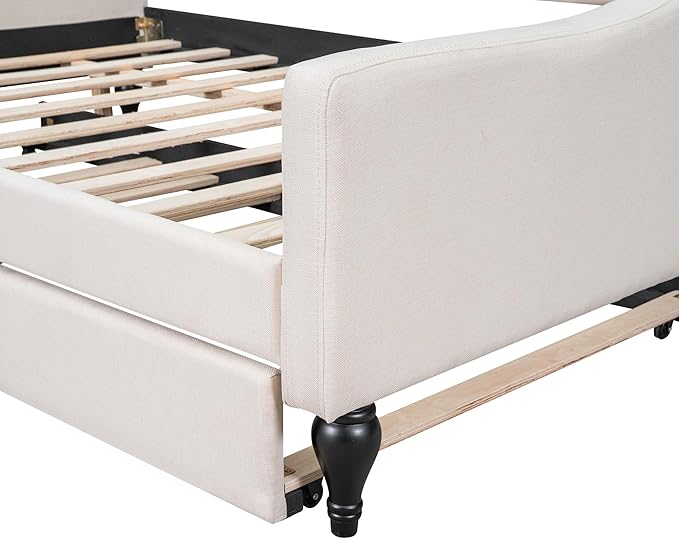 MERITLINE Upholstered Full Size Daybed Frame with Twin Size Trundle Modern Linen Button Tufted Daybed Wooden Full Sofa Daybed Frame for Living Room Bedroom No Box Spring Needed Beige