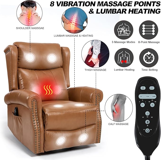 Manual Rocker Swivel Recliner Chair for Adults Vibration Massage Reclining Glider Chair with Lumbar Heat Rivet Design Single Sofa for Living Room Genuine Leather Yellow Brown