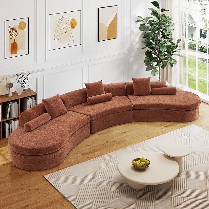 AVZEAR Curved Modular Sectional Sofa Chenille Upholstered Cloud 6 Seater Couch for Living Room No Assembly Modern Love Seat Sofa with 3 Bolster Pillows &amp 3 Square Pillows High-Density Foam Ora