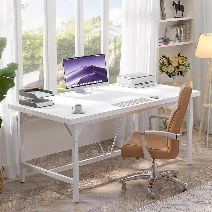Unikito 63 Inch Computer Desk Sturdy Large Office Desk Premium 2 Person Long Desks Super Thick Study Writing Gaming Table Modern Computer Table for Home Office Workstation Easy to Assemble White