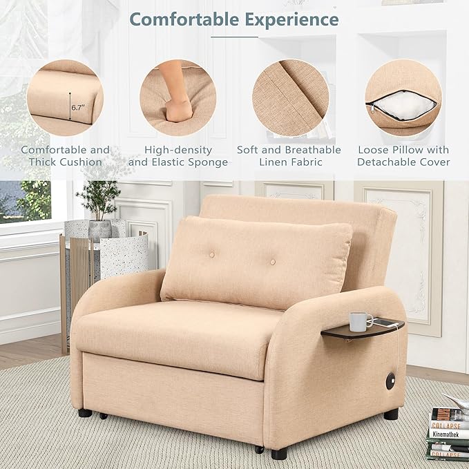 Pull Out Sofa Sleeper Bed 3-in-1 Sofa Bed with 2 Wing Table Side Pocket and Usb Charge Line Fabric Convertible Sleeper Chair Bed for Living Room Recreation Room (Beige-2 Wing Table Side Pocket)