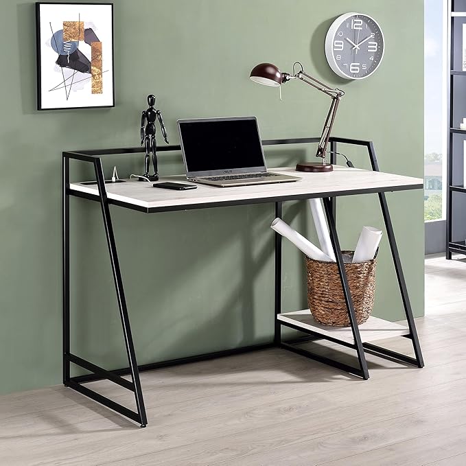 24/7 Shop at Home Kestrel Industrial 1 Shelf Metal Writing Desk with USB Port Power Outlet for Workstation Home Office Study Room Antique White and Matte Black