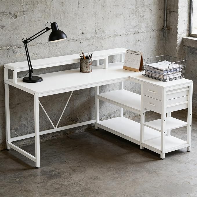 55 L Shaped Office Desk with Drawers &amp Storage Reversible Executive Office Desk with 4 Shelves Large Corner Computer Desk with Elevated Monitor Stand for Home Office Gaming (White)