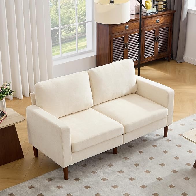 Kingfun 65 Loveseat Sofa with Chair Chenille Love Seat Couch Mid Century Modern Couch with Solid Wooden Frame for Living Room &amp Bedroom in Small Spaces Beige