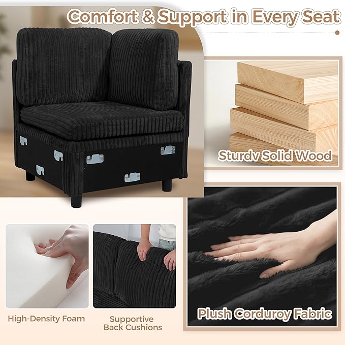 Modular Sectional Sleeper Sofa with Pull Out Bed Plush Corduroy U Shaped Couch with Storage Chaise USB Ports Cup Holders Comfy Cloud Couches for Living Room Black