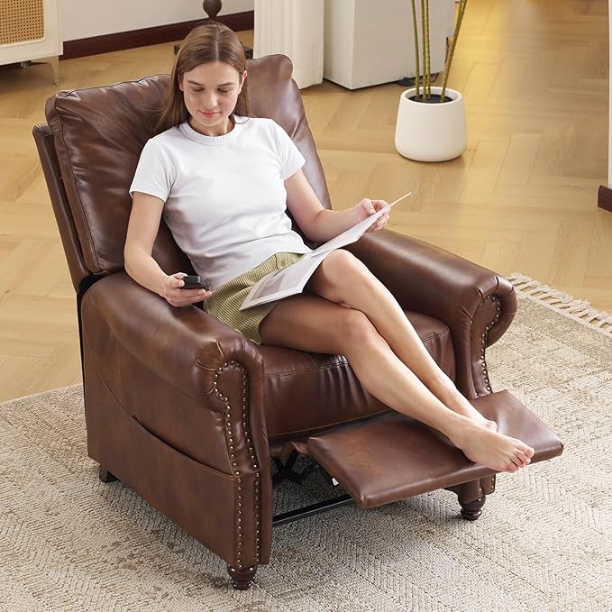 Pushback Recliner Chair with Massage and Heating Breathable Leather Recliner Chair with Overstuffed Backrest and Rivet Decoration Single Sofa Accent Chair for Living Room Light Brown