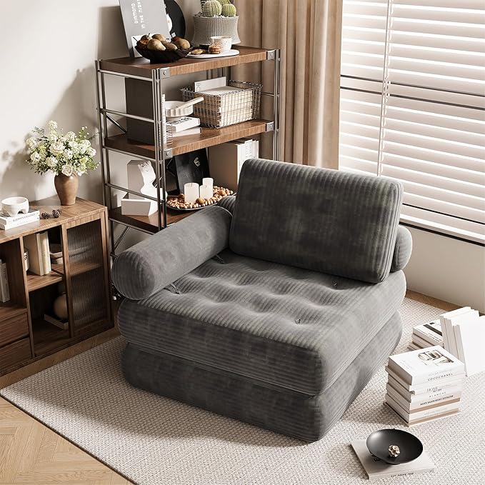 35 Folding Sofa Bed 5-in-1 Convertible Sleeper Chair Floor Mattress with Removable Armrest Boneless Couch in a Box Fold Out Futon Lounge Chair Bed for Dorm Bedroom Small Space - Grey Single