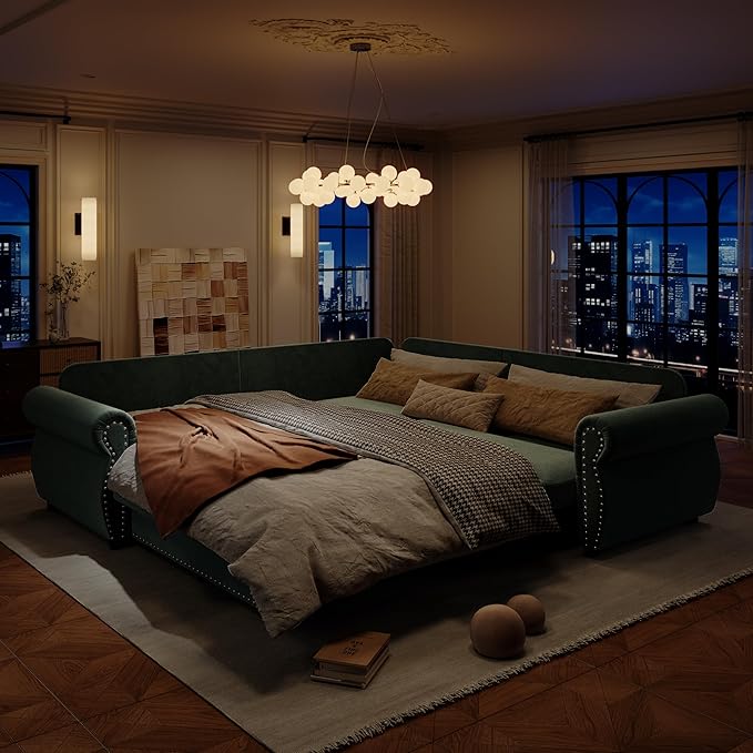 88.2'' Pull Out Couch Convertible Sleeper Sofa Bed Upholstered Sectional Sofa Chenille L-Shaped Couch with Nailhead Trim 4-Seater Modern Sectional Couches for Living Room ApartmentGreen
