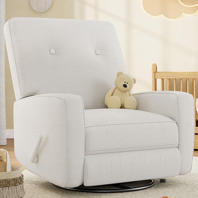 GarveeHome Recliner Chairs Swivel Rocker Recliner Glider Recliner Nursery Chair Recliner Chair for Adults 360°Swivel Glider Rocking Chair for Living Room Bedroom Office Linen White
