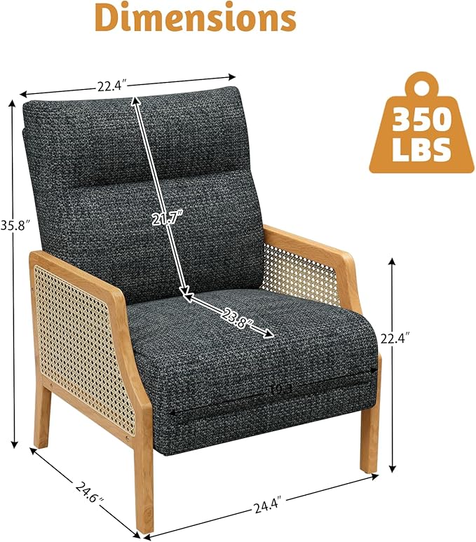 Accent Chair Set of 2 with Rattan Armrest Armchair with Breathable Linen Fabric Upholstered Arm Chair for Living Room Bedroom Dark Gray