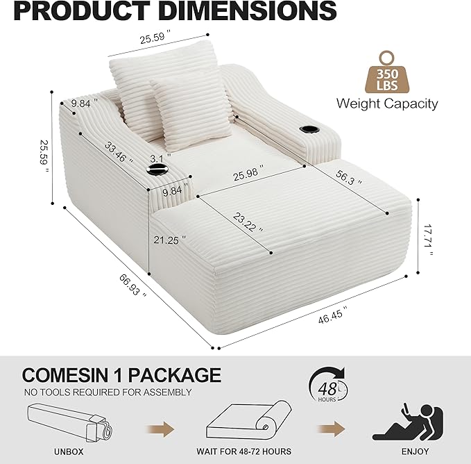 Boneless CouchComfy Fluffy Sofa BedUpholstered Sleeper Sofa Couch with Throw Pillows and ArmrestsCorduroy Plush Cloud Couches with Cup Holder White