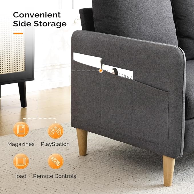 VINGLI 47 Small Couch Dark Grey Linen Loveseat Sofa Mini Couch Mid Century Modern Decor Love Seat for Small Spaces Living Room Bedroom Play Room