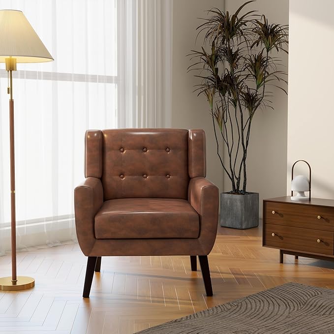 Accent Chair Mid-Century Modern Fabric Chairs with Arms for Living Room Comfy Upholstered Club Single Sofa Armchair for Bedroom Waiting Room with Solid Wood Frame