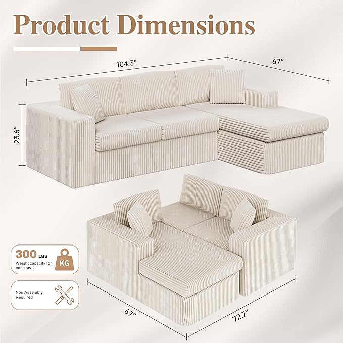 JAMFLY 105 Boneless Couches for Living Room (Beige)
