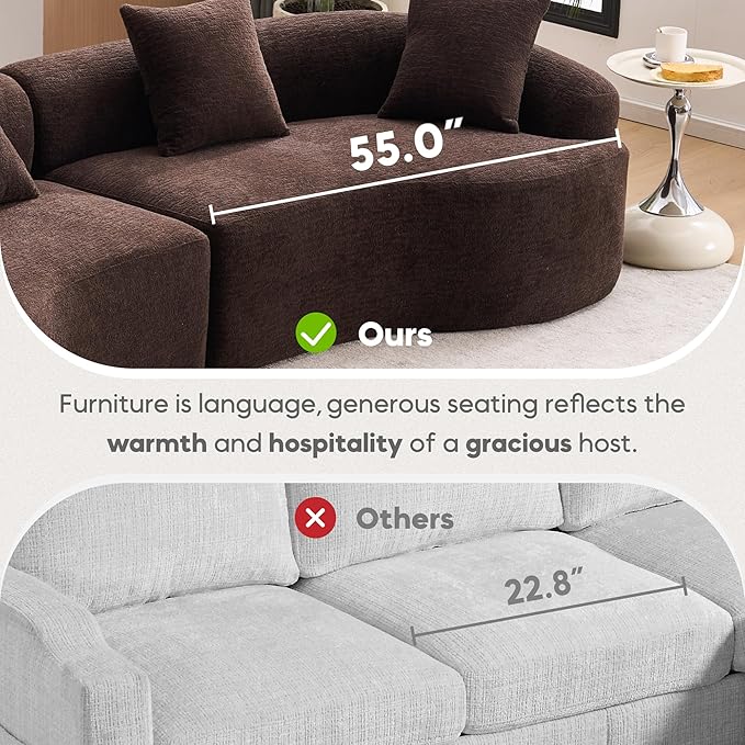 Yoglad 110‘’ Boneless Curved Sofa Modern Cloud 4-Seater Floor Couch Minimalist Compression Sofa for Living Room Apartment Studio Office No Assembly Needed(Chenille Dark Brown)