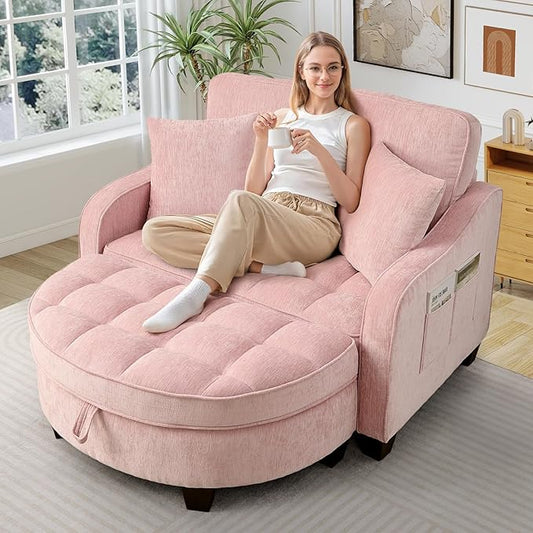 Oversized Chair and A Half Chenille Tufting Accent Cozy Reading Sofa Chair with Storage Ottoman Upholstered Loveseat Chaise Lounge Sofa with Adjustable Back for Living Room Office Sunroom Pink