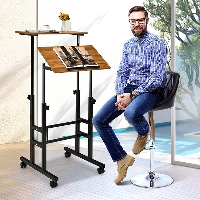 COSTWAY Mobile Standing Desk Height Adjustable Rolling Laptop Cart w/Tilting Desktop for Standing or Sitting Lockable Casters Home Office Computer Workstation for Small Spaces (Brown)