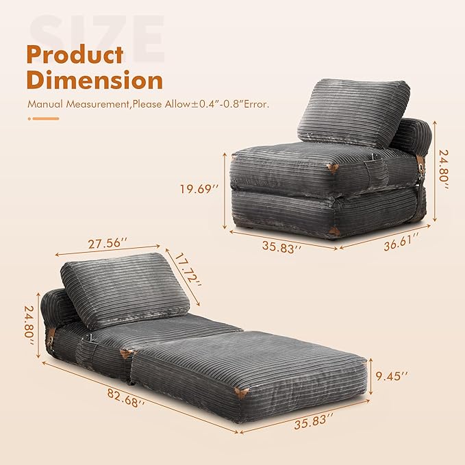 Folding Sofa BedComfy Sleeper Chair Foldable Mattress with Pillow &amp Back SupportPortable Fold Out Chair Bed Floor Convertible Lounge Sofa Couch for Living Room Bedroom (Grey)