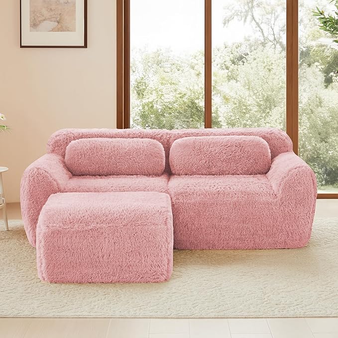 80 Sectional Couches for Living Room Comfy Boneless Couch 2 Seater Cloud Sofa Compressed Loveseat with Ottoman Modern Love Seat in a Box Fluffy Plush Floor Couch No Assembly (Pink)
