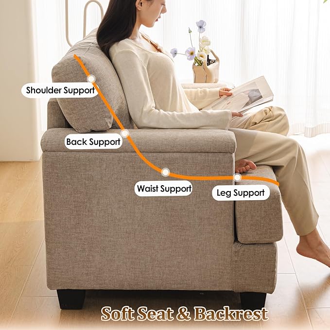 Oversized Accent Chair Set of 2Upholstered Armchair with Armrest OrganizerComfy Living Room Chairs with 7.8'' CushionLarge Reading Chairs for Bedroom Living RoomOfficeChenilleKhaki