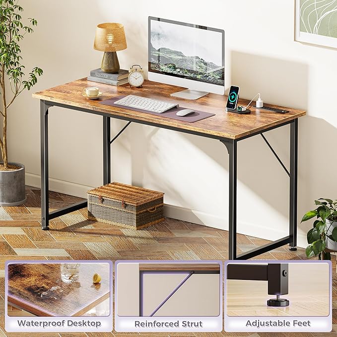 PRAISUN 47 X 20 Inch Office Computer Desk with Power Outlets and USB-C Port Larger Gaming Desk for Home Office Study Bedroom Writing Work from Home Table Metal Frame Rustic Brown