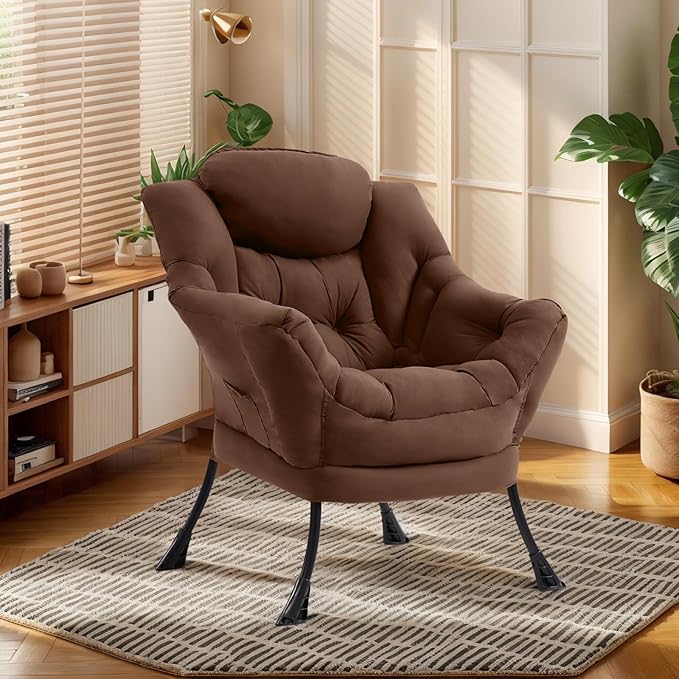 Lazy Chair for Living Room Modern Accent Chairs with Armrests Dark Brown Armchairs with Side Pocket Cozy Lazy Sofa for Reading Balcony Bedroom Dorm Small Spaces