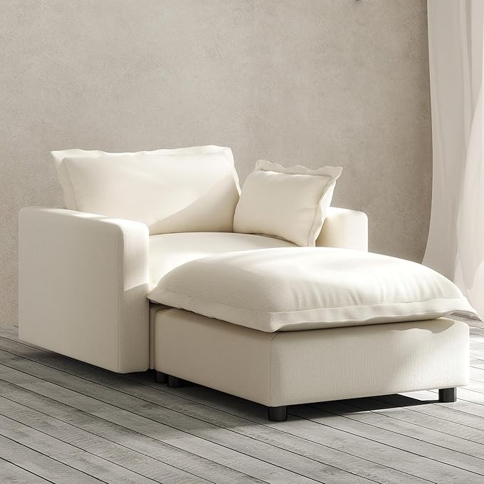 Modern Couch Modular Sectional Sofa Single Sofa Accent Chair with Ottoman for Living Room Bedroom Study Reading Corner Linen Fabric-White