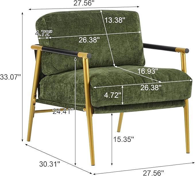 Modern Accent Chair Lounge Arm Chair Upholstered Armchair with Plush Cushions Single Chairs with Metal FrameWooden Armrest - Perfect for OfficeLiving RoomBedroomGold+Green