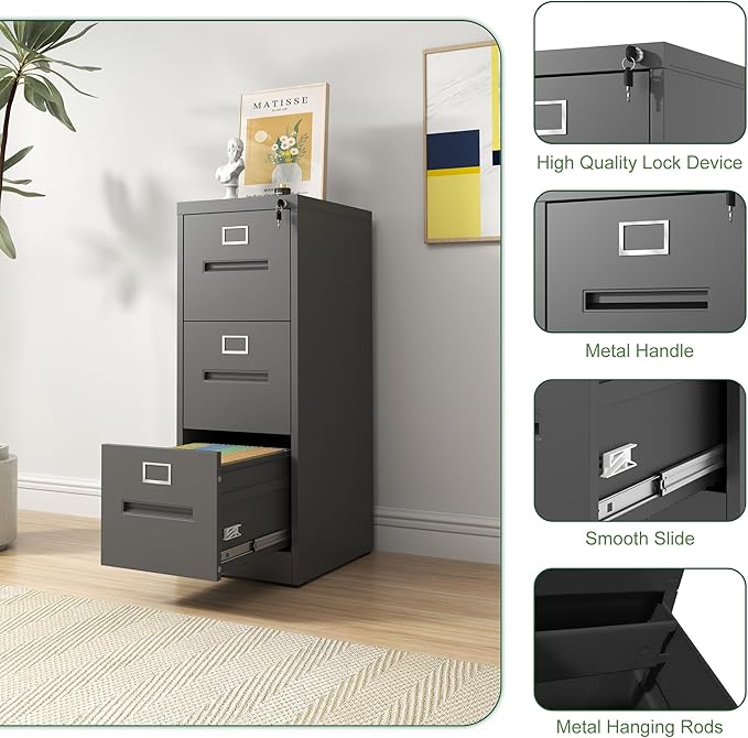 3 Drawer Small Metal Vertical File Cabinet with Lock Under Desk Storage Organizer Filing Cabinets for Home Office Locking DrawersAssembly RequiredBlack