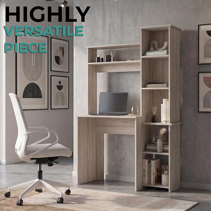 Tuhome Versalles Writing Desk with Two Superior Shelves Five Side Open Storage Compartments Space-Saving Modern Workstation Design for Studios and Offices Ideal for Organization