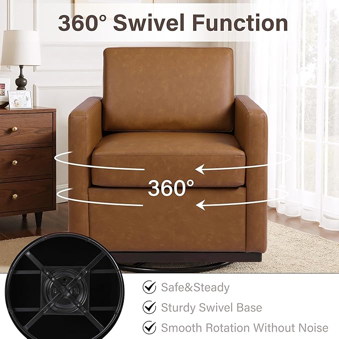 Faux Leather Swivel Accent Chairs Set of 2 360° Swivel Upholstered Club Armchairs for Living Room 31 Wide Square Single Sofa Reading Chair with Deep Seat Metal Swivel Base Brown