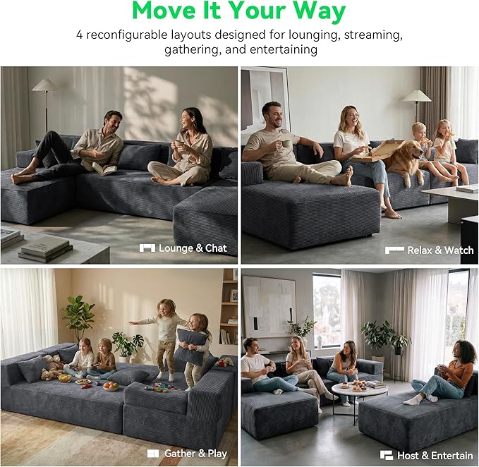 141 U Shaped Cloud Sectional Couch with Chaise Lounge Modular Sectional Sofa with Removable Armrests Comfy Corduroy Boneless Couches for Living Room No Assembly Required Dark Grey