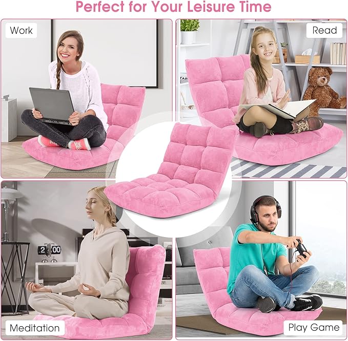 Moccha 14-Position Floor Chair Folding Sofa Chair with Back Support Memory Foam Floor Gaming Chairs for Adults Adjustable Padded Couch Recliner Sleeper Bed for Reading Meditating Pink