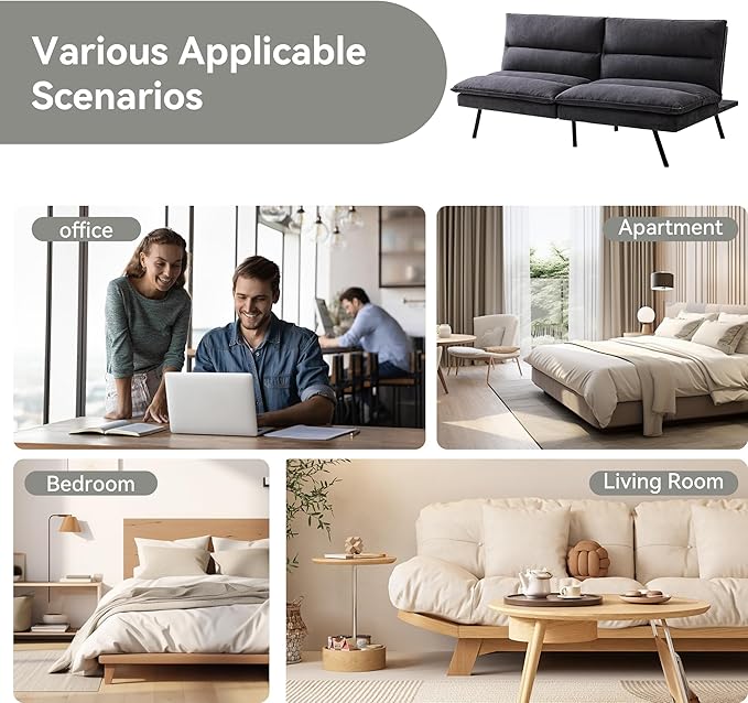 Memory Foam Futon Sofa BedLinen Fabric Futon CouchConvertible Armless FutonsSmall Splitback Loveseat Sleeper Sofa Bed for Living RoomOfficeApartmentPure Black