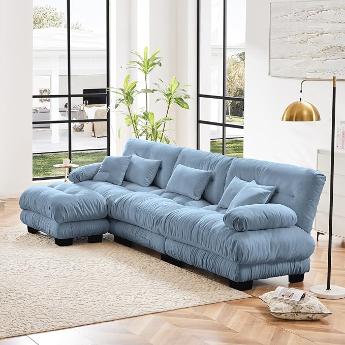 Oversized Modular Sectional Sofa 133.8 Inch L Shaped Couch Set for Living Room 3-Seater Comfy Chenille Cloud Couches with Movable Ottoman Square Handrail Blue