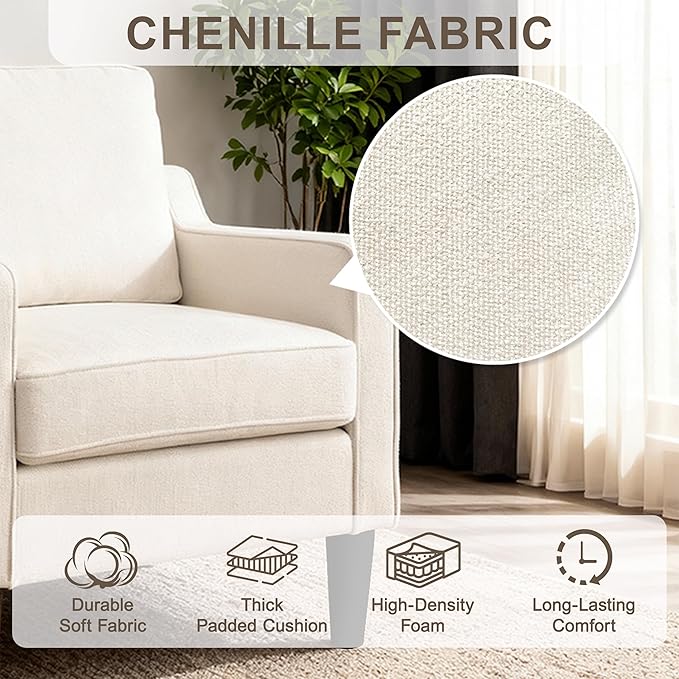 Comfy Accent Chair with 115° Ergonomic Back Support 5.5 Thick Spring Cushion Armchair for Living Room Mid Century Modern Chenille Reading Chair 380lbs Capacity (White)