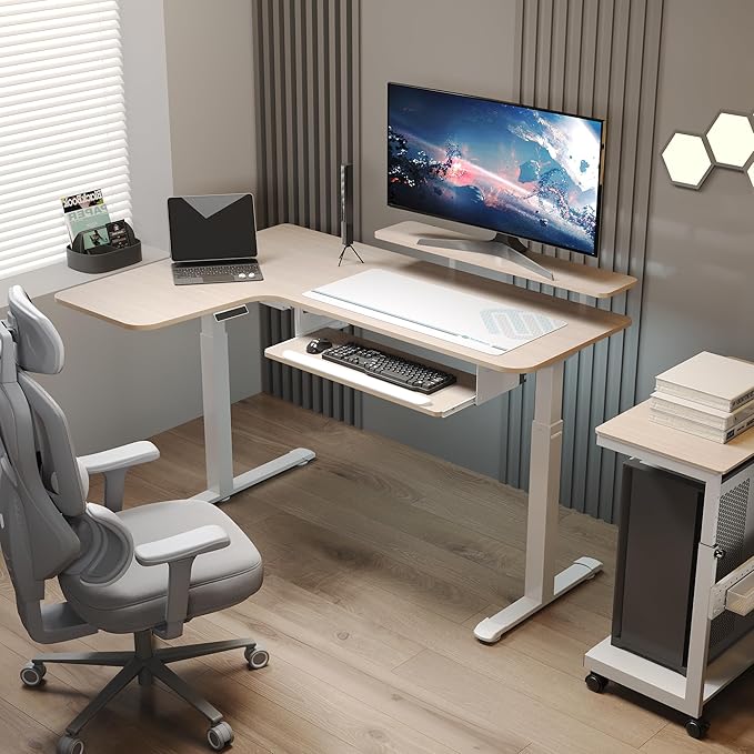 EUREKA ERGONOMIC 55 Inch L Shaped Electric Standing Desk Height Adjustable Computer Gaming Desk with Keyboard Tray Mouse Pad Home Office Work Maple Wood Left Side