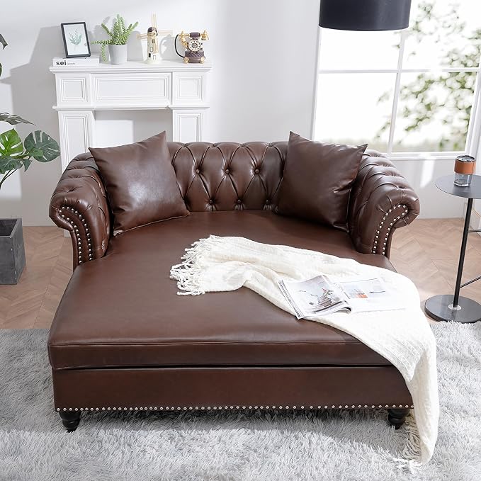 62.99 Chaise Lounge Indoor Comfy Reading Chair with 2 Pillows PU Leather Chesterfield Loveseat Sofa with Tufted Back &amp Rolled Arm Oversized Chaise Lounge Couch Indoor for Living Room Brown