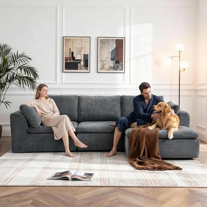 Boneless Sectional with Chaise 110 L-Shaped Cloud Couch for Living Room Deep Seat Chenille Floor Sofa Frameless Modular Lounge Set (Dark Gray Right Facing Chaise)