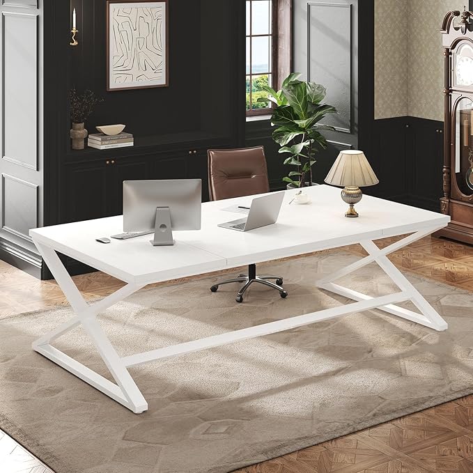 IBF Long White Computer Desk Modern Simple Large Home Office Desk Wood Metal Work Study Writing Table for 2 Monitors Double Pc Gaming Executive Workstation in Bedroom Living Room White Oak70 in