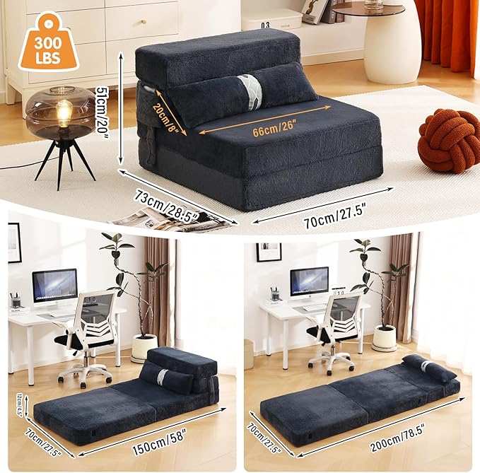 Tiita Folding Sofa Bed with Pillow Memory Foam Fold Out Chair Bed Single Size Convertible Chair Floor Couch &amp Sleeping Mattress Foldable Sleeper Sofa Bed for Guest Room Living Room Navy