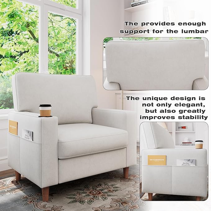 Actinidia Oversized Accent Chair with Cup HoldersMid Century Modern Upholstered Living Room ChairHigh Back Single Sofa ChairReading Armchair for Bedroom Apartment Waiting Room Office White