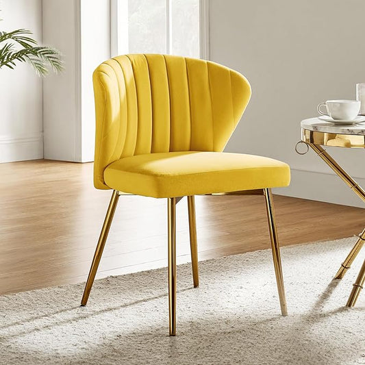 HULALA HOME Velvet Dining Chairs Modern Small Armless Accent Chair with Gold Metal Legs Living Room Upholstered Cute Side Chair Elegant Tufted Back Vanity Chair-Yellow