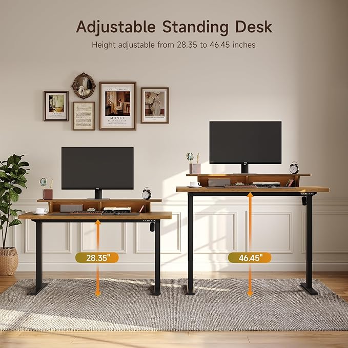 ONBRILL Home Office Furniture Set 63'' Standing Desk with 55'' File Cabinet Electric Height Adjustable Executive Workstation with Monitor Stand for Home Office Oak Brown