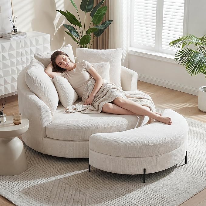 Aoiy &amp Wifon 59.8 W Oversized Barrel Chair with Ottoman Round Chair with Ottoman Extra Large Living Room Chair Set with Wheels Knitted Chenille Beige